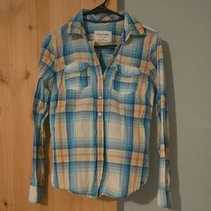 Aeropostale Pastel Plaid Button-Up Shirt in Blue, Yellow, Pink